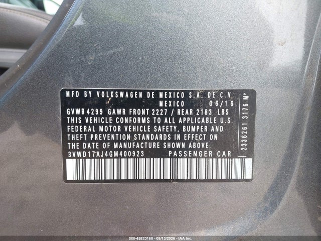 Aukcja sprzedaży 2016 Volkswagen Jetta 1.8t Sport, vin: 3VWD17AJ4GM400923, numer aukcji: 45823168