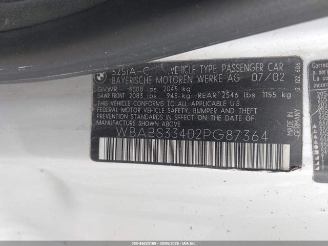 45823169 :رقم المزاد ، WBABS33402PG87364 vin ، 2002 Bmw 325ci مزاد بيع
