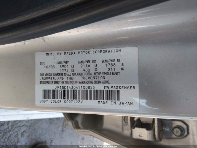 Продаж на аукціоні авто 2004 Mazda Mazda3 S, vin: JM1BK143041100855, номер лоту: 45823176