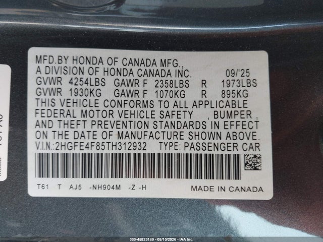 2HGFE4F85TH312932 Honda Civic Hybrid Sport/sport Touring