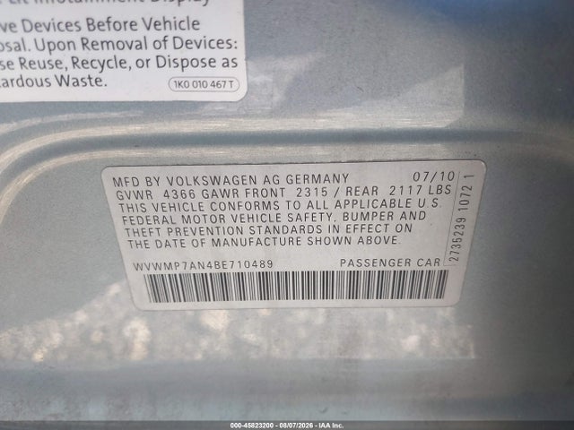 2011 Volkswagen Cc Sport მანქანა იყიდება აუქციონზე, vin: WVWMP7AN4BE710489, აუქციონის ნომერი: 45823200