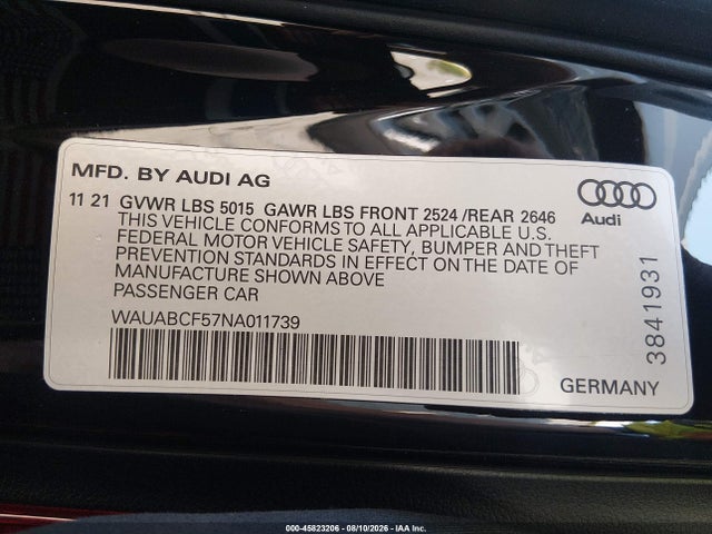 Продажа на аукционе авто 2022 Audi A5 Sportback Premium 40 Tfsi Quattro S Tronic, vin: WAUABCF57NA011739, номер лота: 45823206