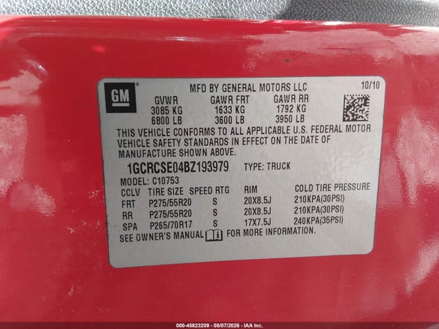 45823209 :رقم المزاد ، 1GCRCSE04BZ193979 vin ، 2011 Chevrolet Silverado 1500 Lt مزاد بيع