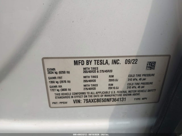 45823212 :رقم المزاد ، 7SAXCBE50NF364131 vin ، 2022 Tesla Model X Dual Motor All-wheel Drive مزاد بيع