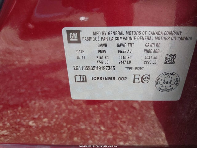 Продаж на аукціоні авто 2017 Chevrolet Impala 1lt, vin: 2G1105S35H9197346, номер лоту: 45823218