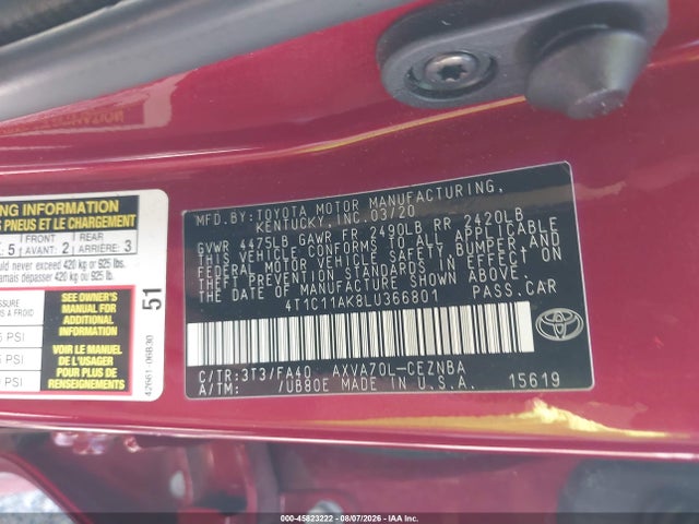 Продаж на аукціоні авто 2020 Toyota Camry Le, vin: 4T1C11AK8LU366801, номер лоту: 45823222