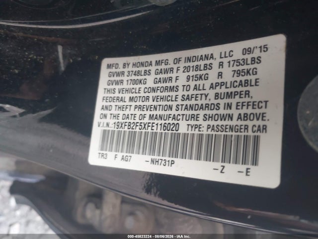 2015 Honda Civic Lx მანქანა იყიდება აუქციონზე, vin: 19XFB2F5XFE116020, აუქციონის ნომერი: 45823224