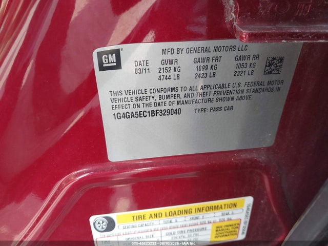 Aukcja sprzedaży 2011 Buick Lacrosse Cx, vin: 1G4GA5EC1BF329040, numer aukcji: 45823233
