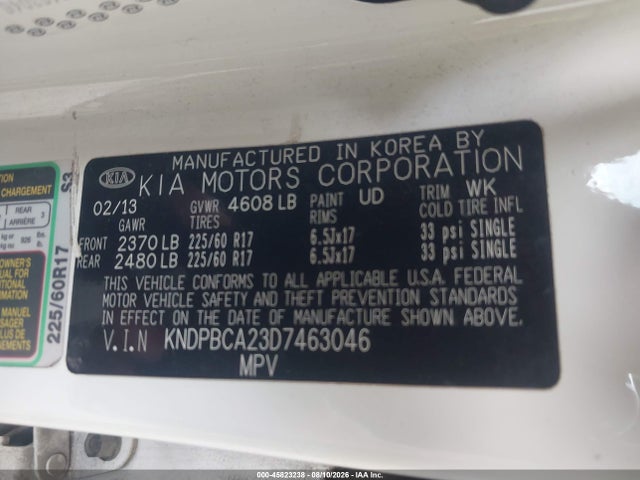 2013 Kia Sportage Lx მანქანა იყიდება აუქციონზე, vin: KNDPBCA23D7463046, აუქციონის ნომერი: 45823238