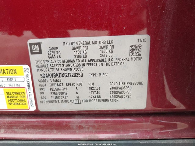 45823243 :رقم المزاد ، 5GAKVBKDXGJ229250 vin ، 2016 Buick Enclave Leather مزاد بيع