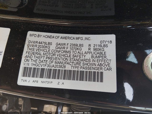 Aukcja sprzedaży 2018 Honda Accord Sport, vin: 1HGCV1F30JA203828, numer aukcji: 45823251