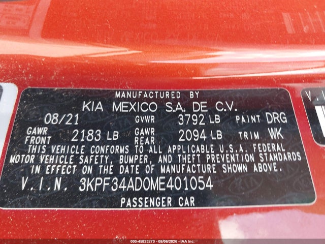 2021 Kia Forte Gt-line მანქანა იყიდება აუქციონზე, vin: 3KPF34AD0ME401054, აუქციონის ნომერი: 45823270