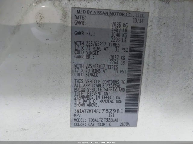 Продаж на аукціоні авто 2015 Nissan Rogue Sv, vin: 5N1AT2MT4FC782981, номер лоту: 45823273