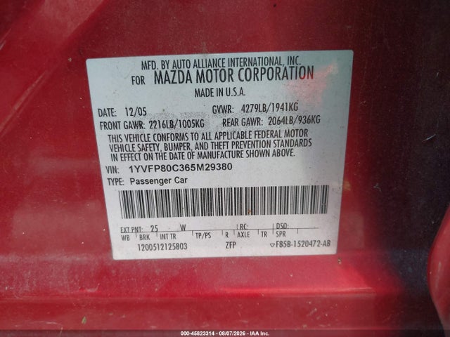 Aukcja sprzedaży 2006 Mazda Mazda6 I, vin: 1YVFP80C365M29380, numer aukcji: 45823314