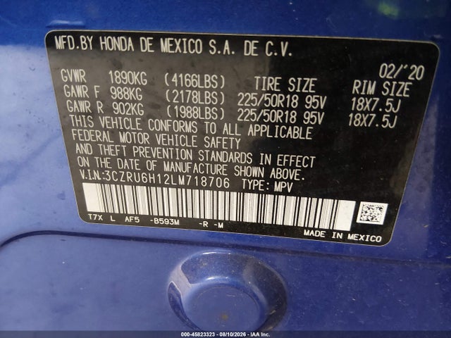 45823323 :رقم المزاد ، 3CZRU6H12LM718706 vin ، 2020 Honda Hr-v Awd Sport مزاد بيع