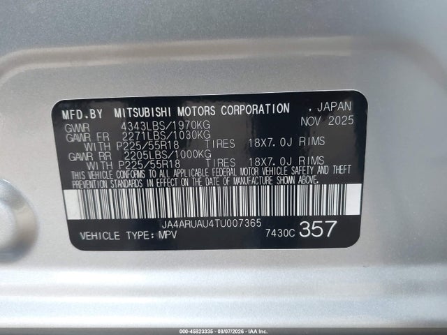 2026 Mitsubishi Outlander Sport 2.0 Es/2.0 Le/2.0 Ralliart/2.0 S/2.0 Se/2.0 Trail Edition მანქანა იყიდება აუქციონზე, vin: JA4ARUAU4TU007365, აუქციონის ნომერი: 45823335