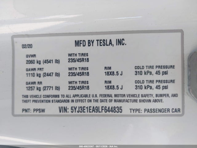 45823387 :رقم المزاد ، 5YJ3E1EA9LF644835 vin ، 2020 Tesla Model 3 Standard Range Plus Rear-wheel Drive/standard Range Rear-wheel Drive مزاد بيع