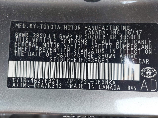Продажа на аукционе авто 2017 Toyota Corolla Le, vin: 2T1BURHE3HC938691, номер лота: 45823391