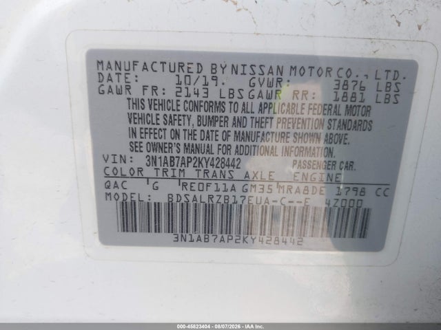 Aukcja sprzedaży 2019 Nissan Sentra Sr, vin: 3N1AB7AP2KY428442, numer aukcji: 45823404