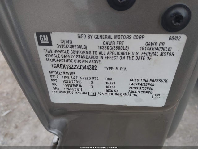 Aukcja sprzedaży 2002 Gmc Yukon Slt, vin: 1GKEK13Z22J344382, numer aukcji: 45823407