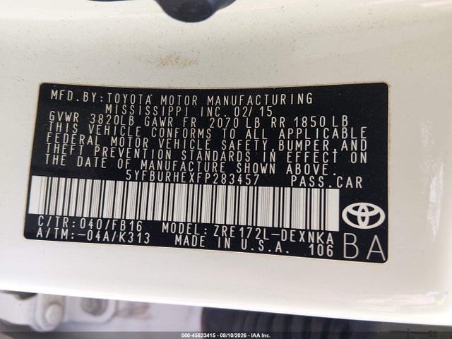 Aukcja sprzedaży 2015 Toyota Corolla Le Plus, vin: 5YFBURHEXFP283457, numer aukcji: 45823415