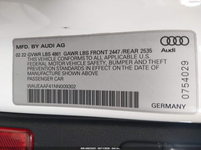 WAUEAAF41NN009302 Audi A4 Premium Plus 45 Tfsi S Line Quattro S Tronic