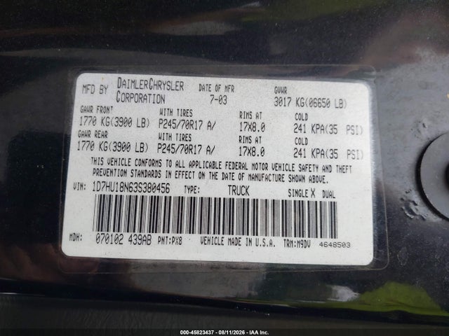 Aukcja sprzedaży 2003 Dodge Ram 1500, vin: 1D7HU18N63S380456, numer aukcji: 45823437