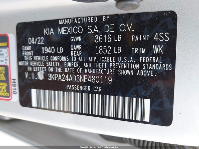 Aukcja sprzedaży 2022 Kia Rio S, vin: 3KPA24AD3NE480119, numer aukcji: 45823438
