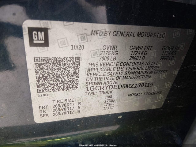 2021 Chevrolet Silverado 1500 4wd  Standard Bed Lt მანქანა იყიდება აუქციონზე, vin: 1GCRYDED5MZ138119, აუქციონის ნომერი: 45823457