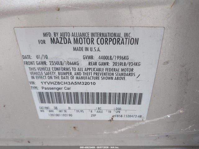 45823489 :رقم المزاد ، 1YVHZ8CH3A5M32010 vin ، 2010 Mazda Mazda6 I Touring مزاد بيع