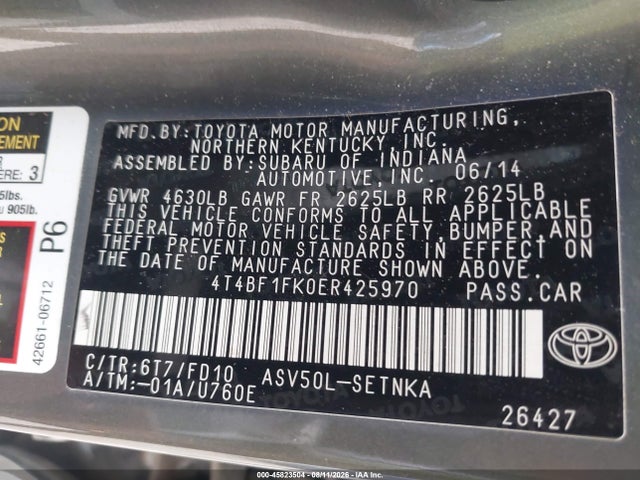 2014 Toyota Camry Le მანქანა იყიდება აუქციონზე, vin: 4T4BF1FK0ER425970, აუქციონის ნომერი: 45823504