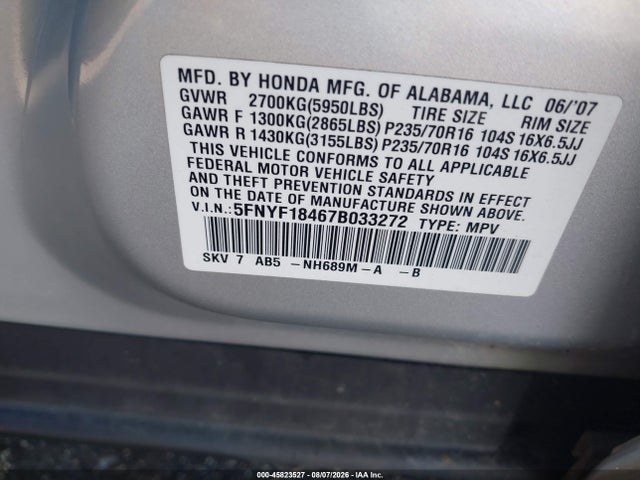 2007 Honda Pilot Ex მანქანა იყიდება აუქციონზე, vin: 5FNYF18467B033272, აუქციონის ნომერი: 45823527