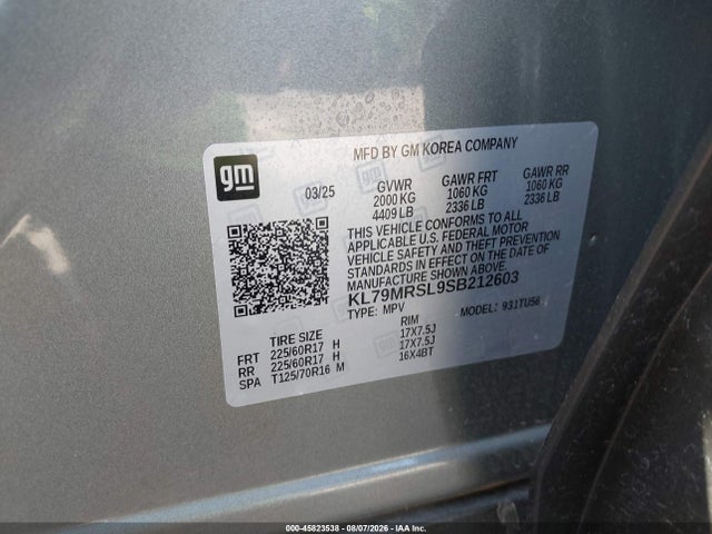 45823538 :رقم المزاد ، KL79MRSL9SB212603 vin ، 2025 Chevrolet Trailblazer Awd Lt مزاد بيع