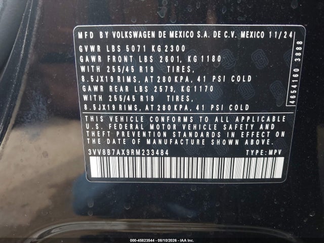 45823544 :رقم المزاد ، 3VV8B7AX9RM233484 vin ، 2024 Volkswagen Tiguan 2.0t Se R-line Black مزاد بيع