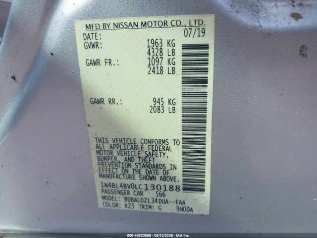 Aukcja sprzedaży 2020 Nissan Altima S Fwd, vin: 1N4BL4BV0LC130188, numer aukcji: 45823559