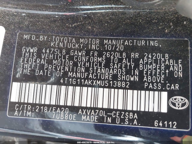 2021 Toyota Camry Se მანქანა იყიდება აუქციონზე, vin: 4T1G11AKXMU513882, აუქციონის ნომერი: 45823579