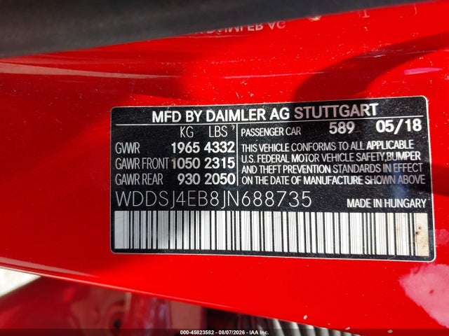 Продаж на аукціоні авто 2018 Mercedes-benz Cla 250, vin: WDDSJ4EB8JN688735, номер лоту: 45823582