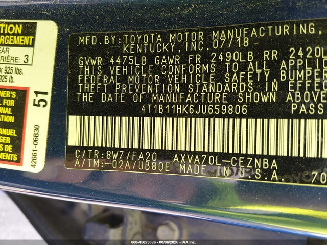 Aukcja sprzedaży 2018 Toyota Camry Le, vin: 4T1B11HK6JU659806, numer aukcji: 45823596