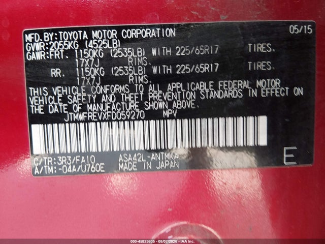 45823605 :رقم المزاد ، JTMWFREVXFD059270 vin ، 2015 Toyota Rav4 Xle مزاد بيع