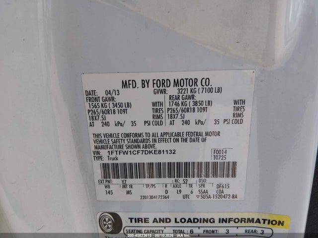 45823615 :رقم المزاد ، 1FTFW1CF7DKE81132 vin ، 2013 Ford F-150 Xlt مزاد بيع