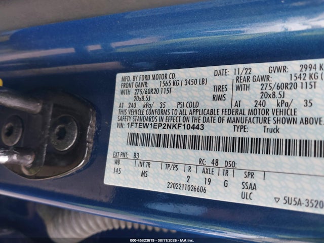 Aukcja sprzedaży 2022 Ford F-150 Xlt, vin: 1FTEW1EP2NKF10443, numer aukcji: 45823619
