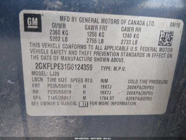 Aukcja sprzedaży 2016 Gmc Terrain Slt, vin: 2GKFLPE31G6124359, numer aukcji: 45823625