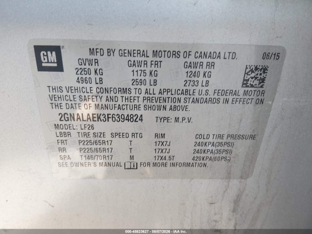 Aukcja sprzedaży 2015 Chevrolet Equinox Ls, vin: 2GNALAEK3F6394824, numer aukcji: 45823627