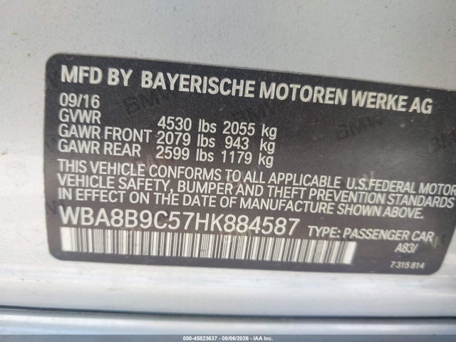 45823637 :رقم المزاد ، WBA8B9C57HK884587 vin ، 2017 Bmw 330i مزاد بيع