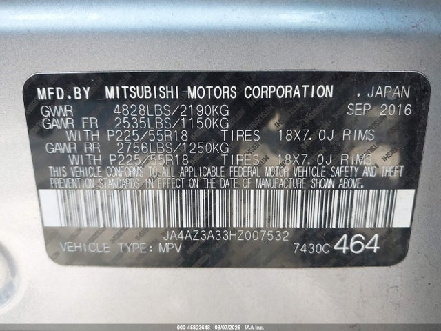 Продаж на аукціоні авто 2017 Mitsubishi Outlander Se/sel, vin: JA4AZ3A33HZ007532, номер лоту: 45823648