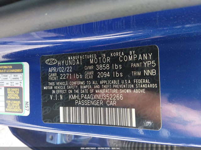 Продажа на аукционе авто 2022 Hyundai Elantra Limited, vin: KMHLP4AGXNU352266, номер лота: 45823650