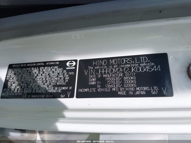 45823658 :رقم المزاد ، JHHRDM2H2JK004544 vin ، 2018 Hino Xjc720/xfc720 مزاد بيع
