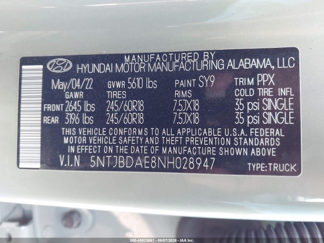 Aukcja sprzedaży 2022 Hyundai Santa Cruz Sel, vin: 5NTJBDAE8NH028947, numer aukcji: 45823661