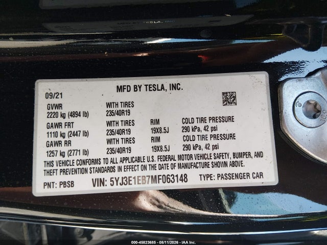 Aukcja sprzedaży 2021 Tesla Model 3 Long Range Dual Motor All-wheel Drive, vin: 5YJ3E1EB7MF063148, numer aukcji: 45823685