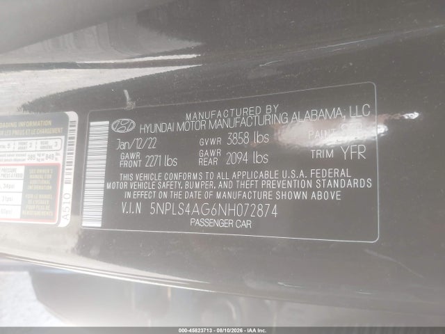 45823713 :رقم المزاد ، 5NPLS4AG6NH072874 vin ، 2022 Hyundai Elantra Sel مزاد بيع
